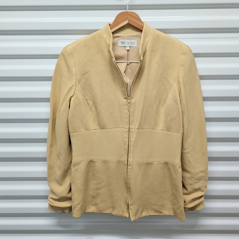 Worth Womens Jacket 14 Wool Viscose Tan Beige Zip Front Ribbed Textured Made USA — photo 2